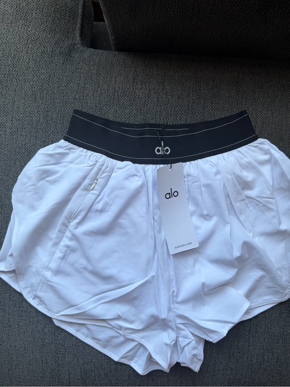ALO Yoga White Athletic Shorts with Black Waistband